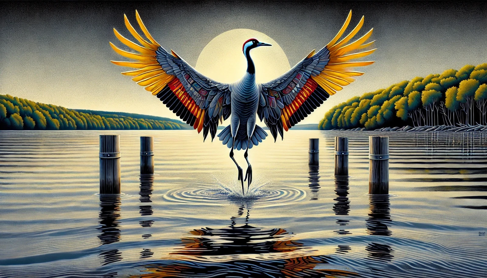 Ajijaak Mu-He-Kan crane rising above the water