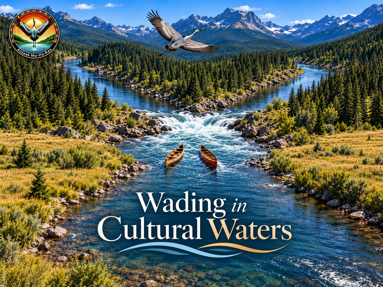 Wading in Cultural Waters: two canoes travel downstream from converging rivers, with a crane above and the Ajijaak Mu-He-Kan logo